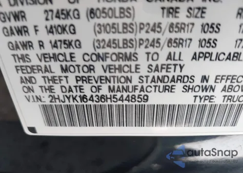 2006 Honda Ridgeline Rts from USA, damaged, VIN 2HJYK16436H544859
